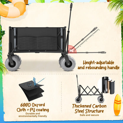 Beach Wagon with Big Wheels for Sand Heavy Duty Collapsible Wagon with 9" All Terrain Inflatable Tires, Foldable Beach Cart for Camping Outdoor Grocery Shopping Garden Sports