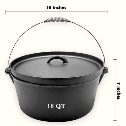 Cuisiland 16QT Cast Iron Dutch Oven with Lip Lid & Bail Handle – Extra Large Pre-Seasoned Campfire Pot for Outdoor Cooking, Roasting, Baking & Stews – Heavy-Duty Camping Cookware for Even Heat