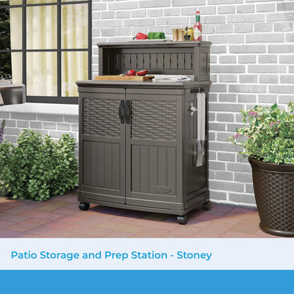 Suncast Patio Storage and Prep Station with 47-Gal. Cabinet, Adjustable Shelf, and Utensil Hooks, Outdoor Rolling Storage Cabinet and Grill Prep Table, Made in The USA