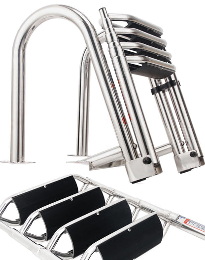 Mojiate 4-Step Heavy-Duty Stainless Steel Pontoon Boat Ladder with Extra Wide Steps & Handrails | Telescoping Folding Rear Entry Ladder, 600lbs Capacity, Marine-Grade 316 Stainless Steel