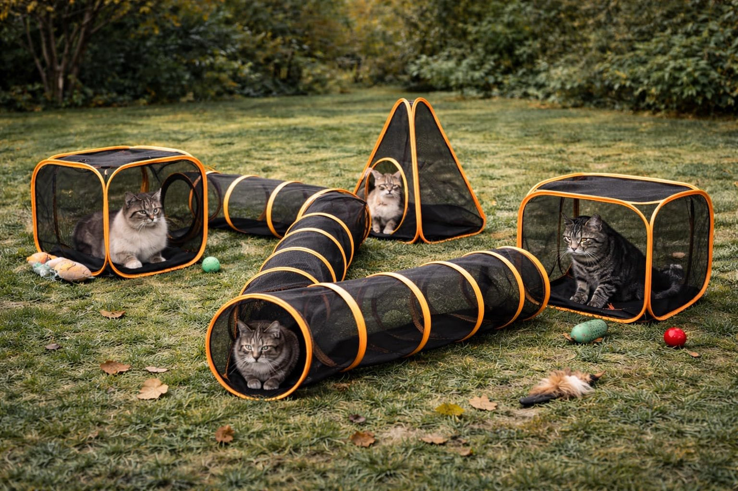 Outdoor Cat Tunnel Playset with Pop-Up Cubes & Tent – Portable Mesh Cat Playpen for Yard, Secure Enclosed Tunnel System for Cats, Kittens, Rabbits & Small Pets