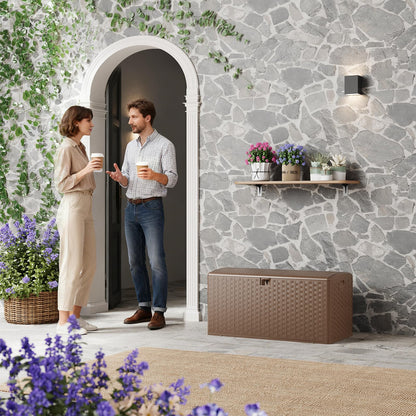GarveeLife 100 Gallon Outdoor Storage Box, Large Resin Deck Box with Hydraulic Air Rod, Weatherproof & Lockable Outdoor Storage Bin for Patio Cushions, Garden Tools, Pool Supplies, Porch, Brown