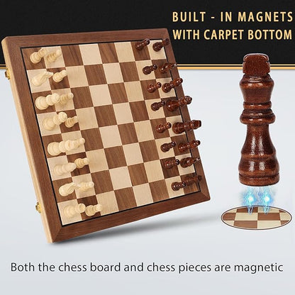 Magnetic Wooden Chess Set for Adults Kids 15 Folding Chess Boards with 2 Extra Queens Portable Travel Chess Sets with Pieces Storage Slots Beginner Chess Game Set for Kids Adults