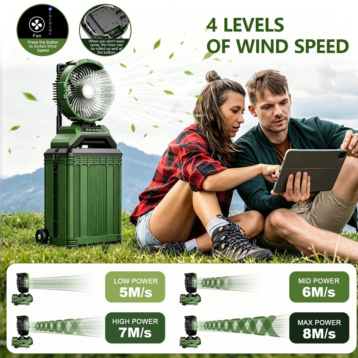 Veubew Portable Misting Fan with 30L Bucket, 30000mAh Rechargeable Battery Powered, 12Hrs Mist Rechargeable Fans, 4 Strong Winds, 4 Spray Mister, 3 Lighting Settings for Outdoor, Camping, Patios