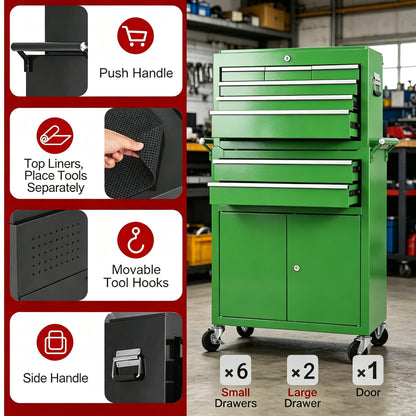 8-Drawer Rolling Tool Chest, 2-in-1 High Capacity Tool Storage with Detachable Top Cabinet, Locking System, Wheels and Liners for Garage, Workshop, Green