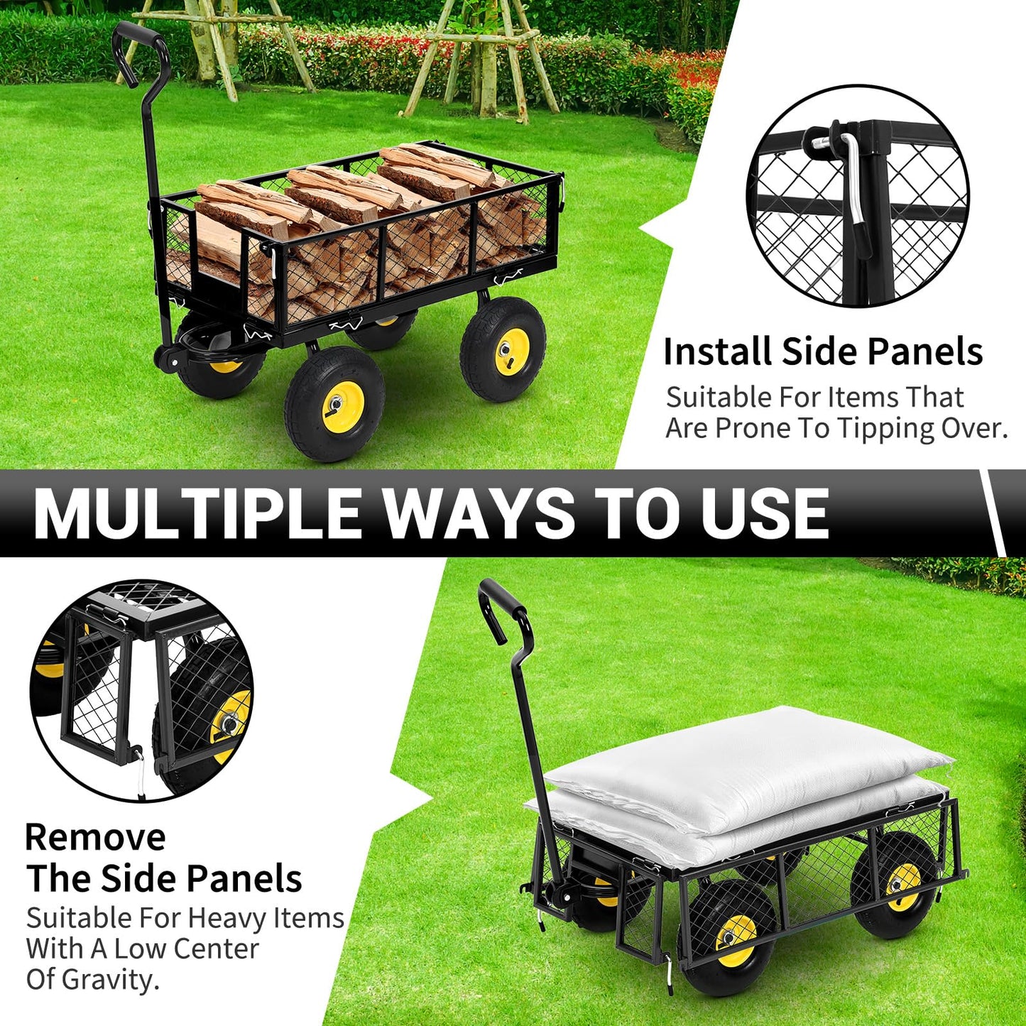 1100Lbs Steel Garden Cart, Heavy Duty Utility Wagon with Removable Sides, 180° Rotating Anti-Slip Handle,10in All Terrain Wheels