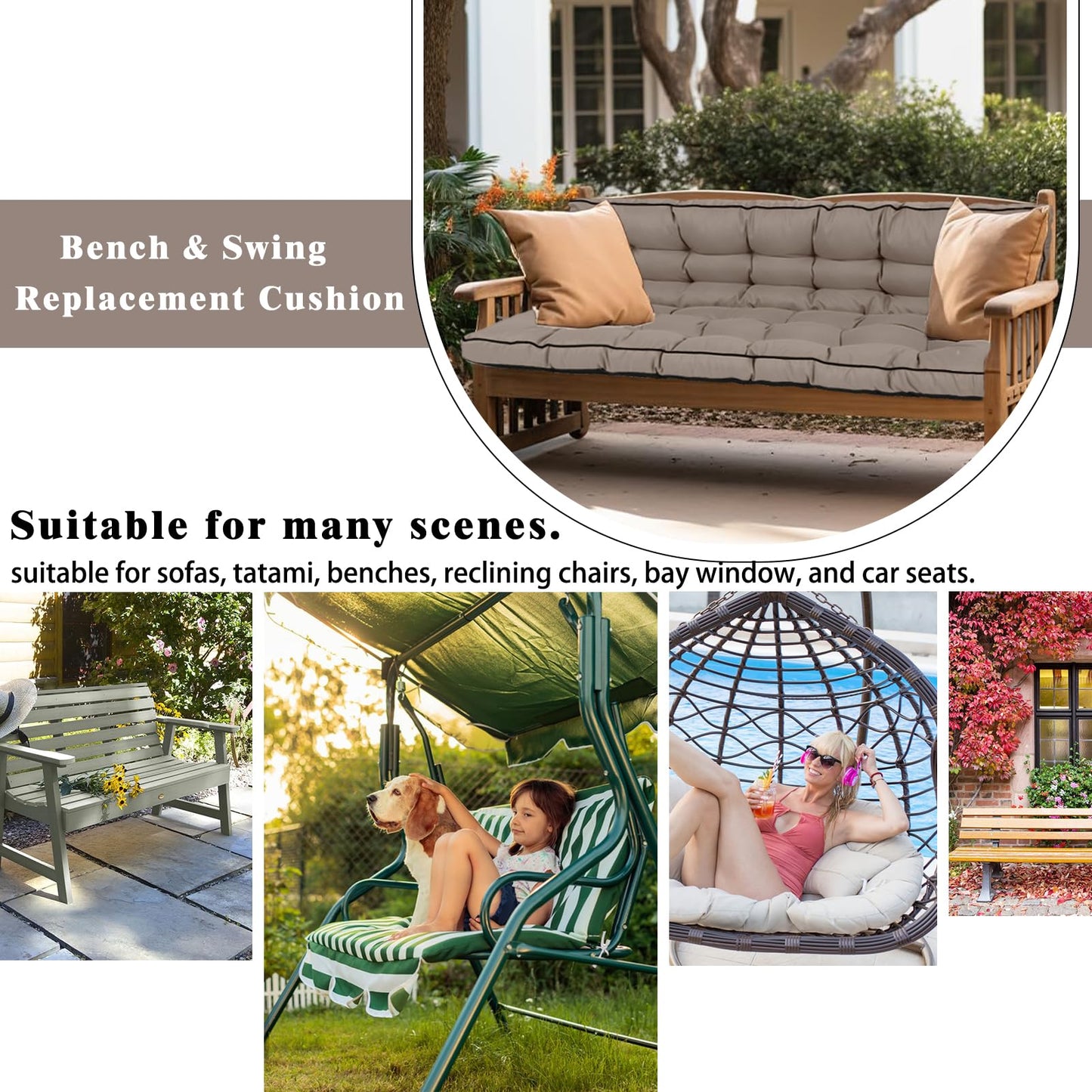 HIYEN Porch Swing Cushions 3 Seater Replacement, Waterproof Bench Cushions for Outdoor Furniture with Backrest, 4" Thickened Patio Swing Cushion with Ties (Khaki, 55 * 40 inch)