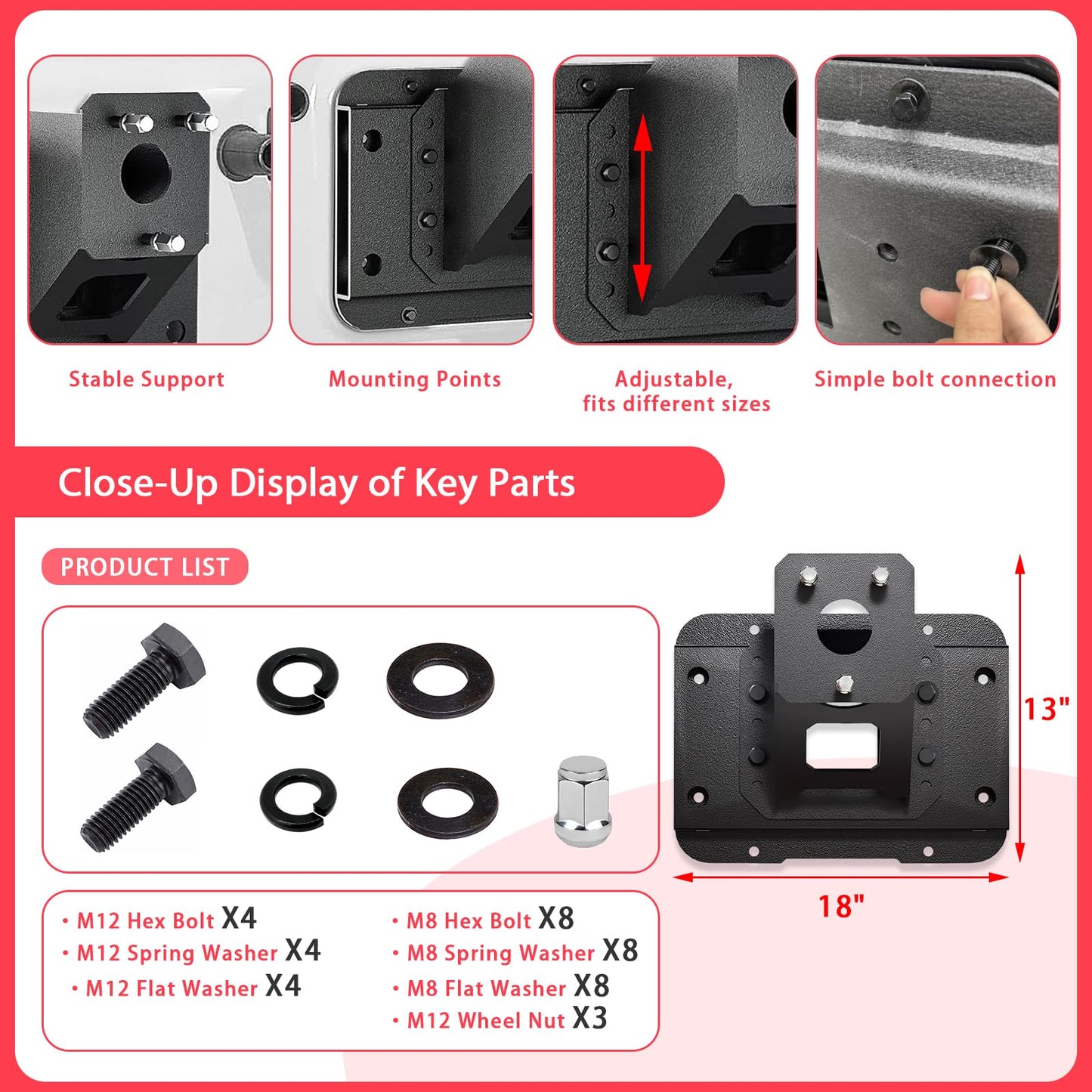 KLYONA for JK JKU Height-Adjustable Spare Tire Carrier Compatible with 2007 2008 2009 2010 2011 2012 2013 2014 2015 2016 2017 2018 Jeep Wrangler JK JKU Unlimted up to 37 Inches Spare Tire Lift Holder