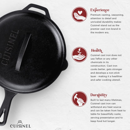 Cuisinel Cast Iron Skillets Set with Lids - 8"+10"+12"-inch Pre-Seasoned Covered Frying Pan Set + Silicone Handle and Lid Holders + Scraper/Cleaner - Indoor/Outdoor, Oven, Stovetop, Fire Safe Cookware