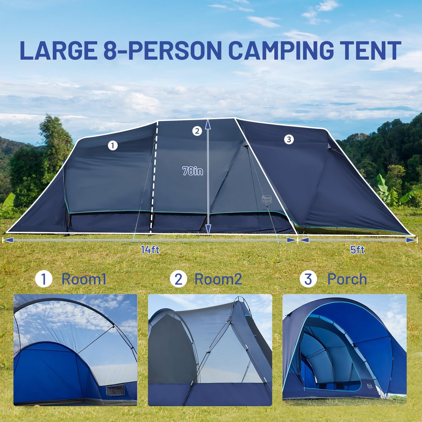 Timber Ridge 8 Person Camping Tent with Large Porch, Portable Waterproof Windproof Family Tent with Rainfly Carry Bag Room Divider, Easy Set-up Tent with Excellent Ventilation for Camping, 3 Season