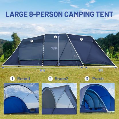 Timber Ridge 8 Person Camping Tent with Large Porch, Portable Waterproof Windproof Family Tent with Rainfly Carry Bag Room Divider, Easy Set-up Tent with Excellent Ventilation for Camping, 3 Season