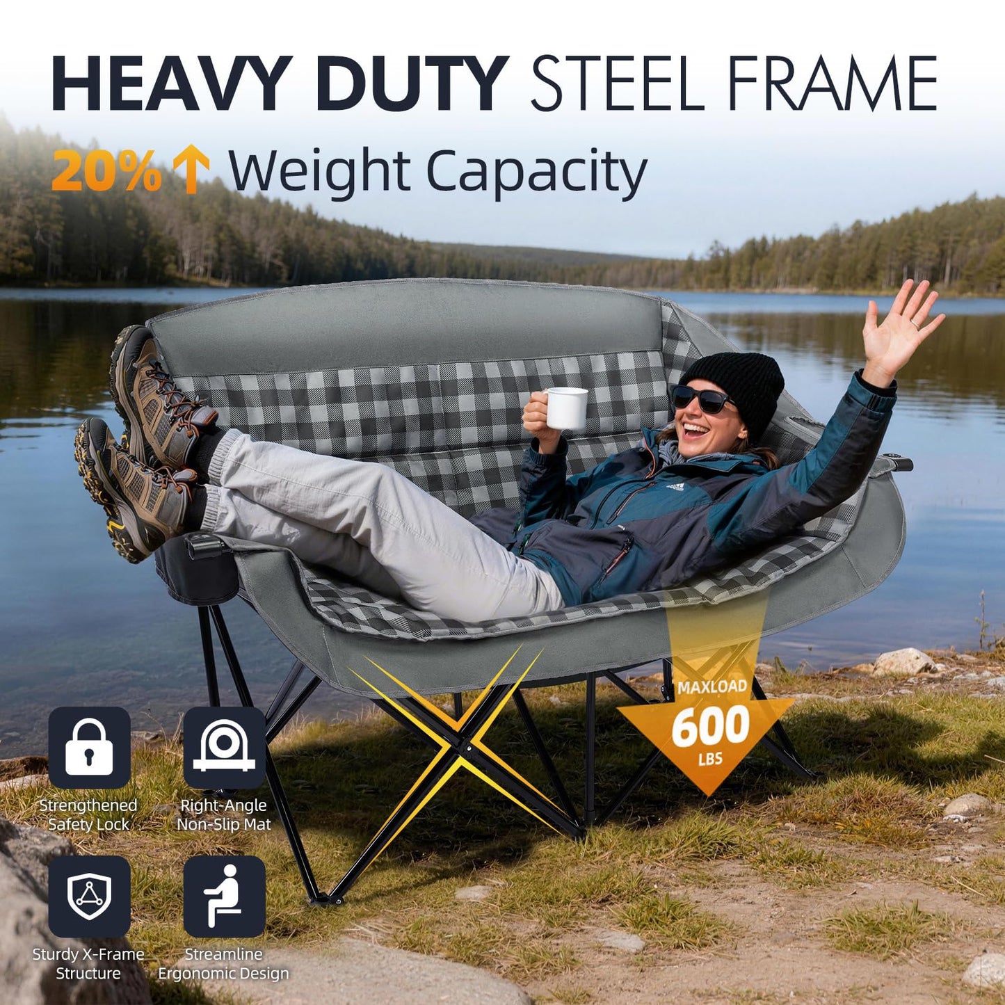 Double Camping Chairs Padded Loveseat Chair for 2 Person - Heavy Duty Oversized Camping Couch for Adults Outdoor Lawn Beach Portable Folding Sofa with Cup Holders Support 600lbs, Grey