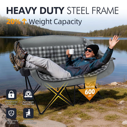 Double Camping Chairs Padded Loveseat Chair for 2 Person - Heavy Duty Oversized Camping Couch for Adults Outdoor Lawn Beach Portable Folding Sofa with Cup Holders Support 600lbs, Grey