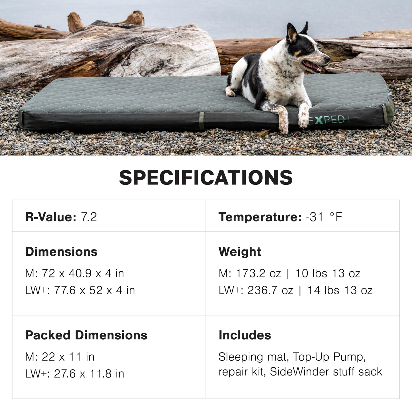 Exped LuxeMat Duo LW+ - Self Inflating Luxury Sleeping Mat, 4” Foam Pad, Pump Included