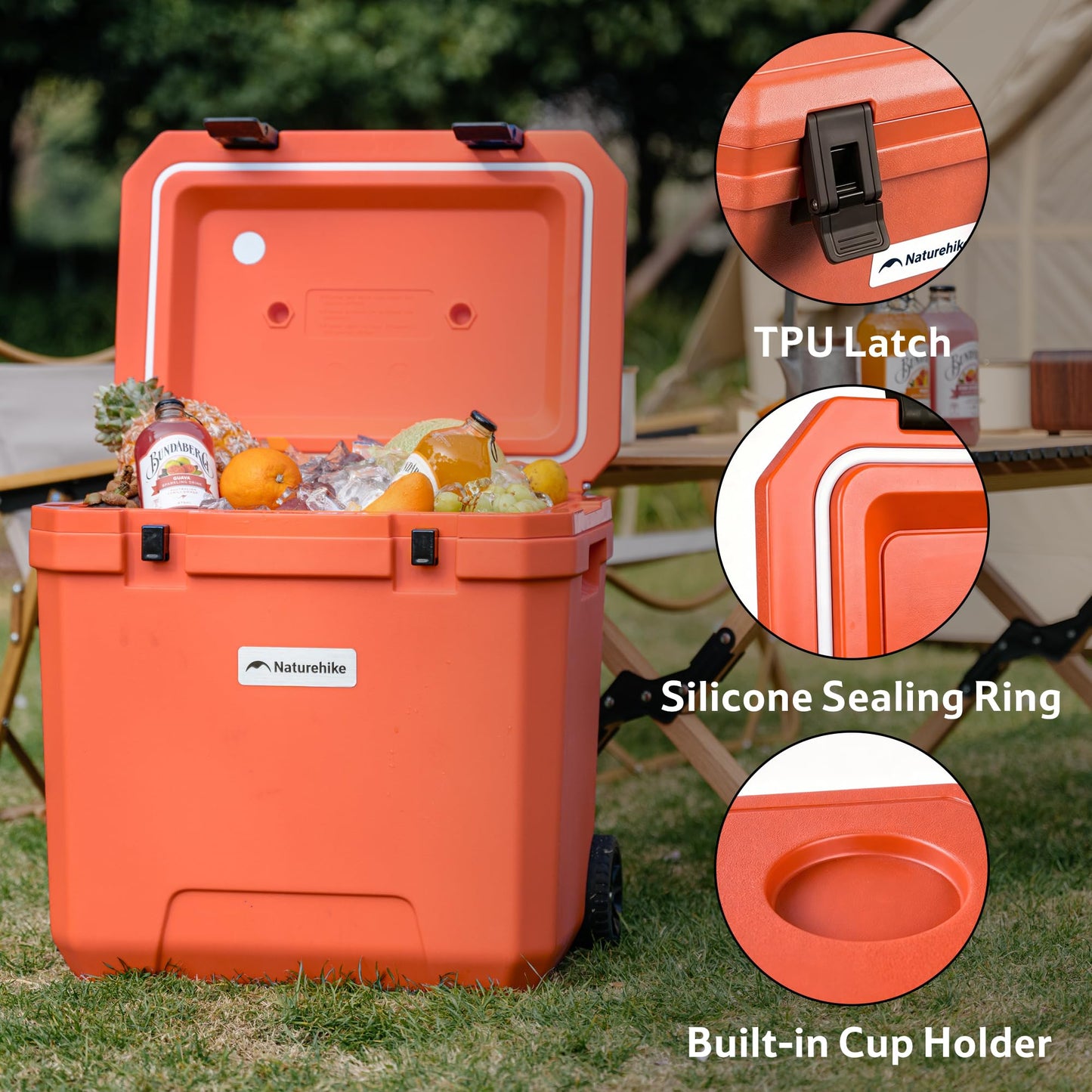 Naturehike 38 QT Wheeled Cooler, 6-Side PU Insulation Ice Chest 153-Hour Ice Retention, Rolling Hard Cooler Holds 45 Cans, 220 lb Seat, All-Terrain Wheels for Camping & Beach