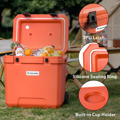 Naturehike 38 QT Wheeled Cooler, 6-Side PU Insulation Ice Chest 153-Hour Ice Retention, Rolling Hard Cooler Holds 45 Cans, 220 lb Seat, All-Terrain Wheels for Camping & Beach