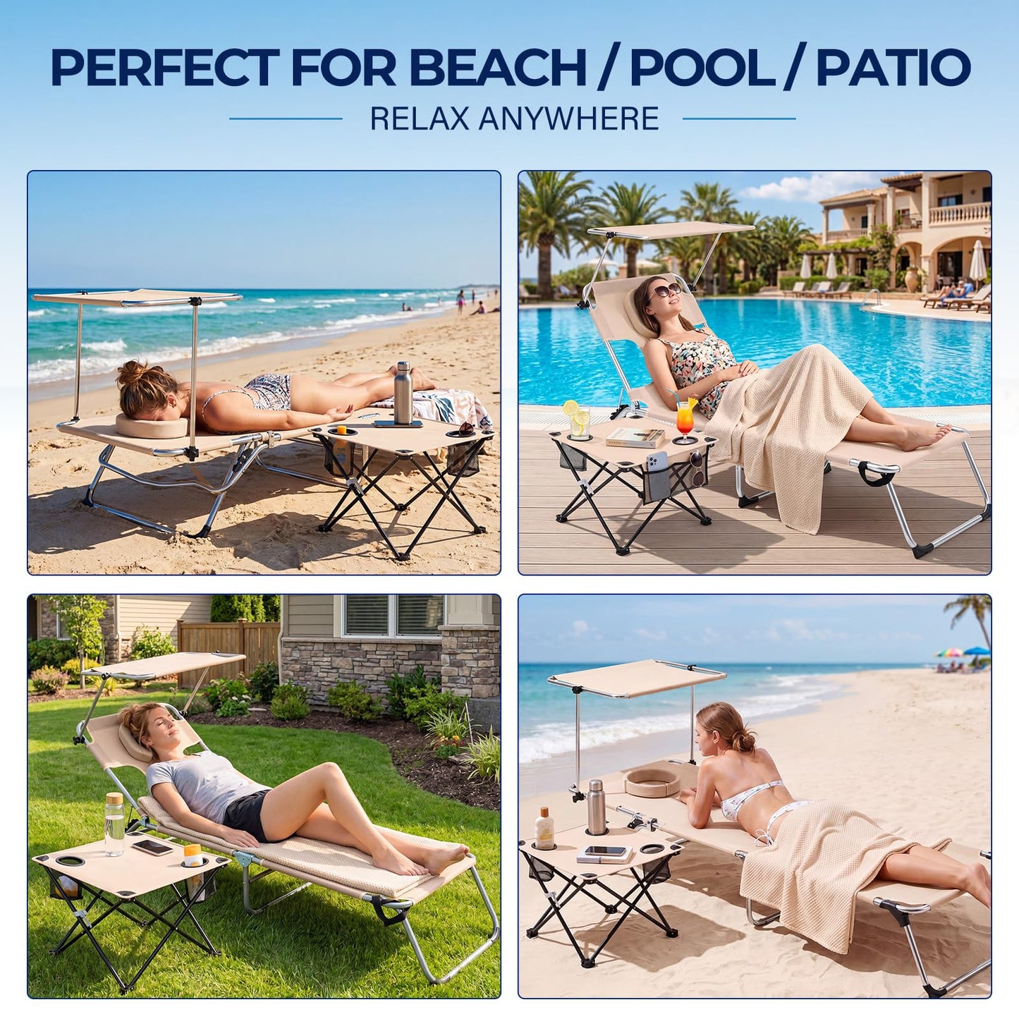 Karenhi 3 Pcs Beach Lounge Chair Set with Table and Face Hole, Adjustable Tanning Recliner with Canopy, 2 Replaceable Towels Portable Folding Design for Outdoor, Poolside, Patio and Sunbathing