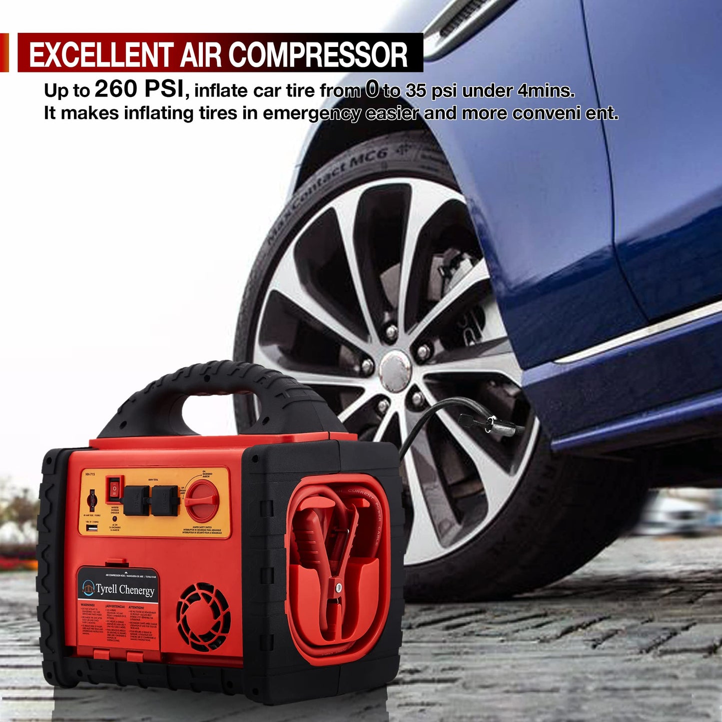 Tyrell Chenergy 2200 Amp Car Jump Starter with Air Compressor,Portable Power Station with 260 PSI Tire Inflator,400W Power Inverter Dual AC/DC Ports,2.1A USB Port,Battery Clamps