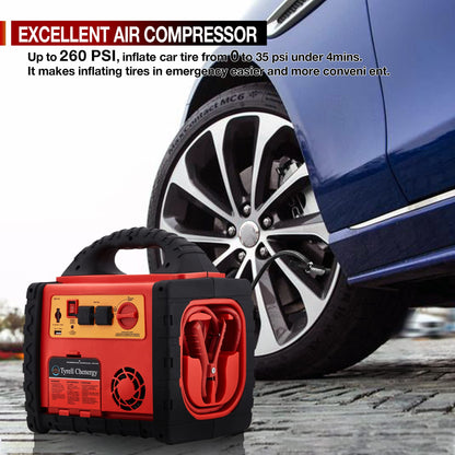 Tyrell Chenergy 2200 Amp Car Jump Starter with Air Compressor,Portable Power Station with 260 PSI Tire Inflator,400W Power Inverter Dual AC/DC Ports,2.1A USB Port,Battery Clamps