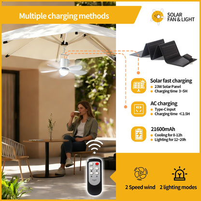 ASZEKOK Solar Ceiling Fan with Light, 21600mAh Rechargeable Battery, 23W Foldable Solar Panel, DC Brushless Quiet Fan, 3 Installation Ways, for Gazebo, Patio, Camping Tent, Garage, RV, Emergency Use