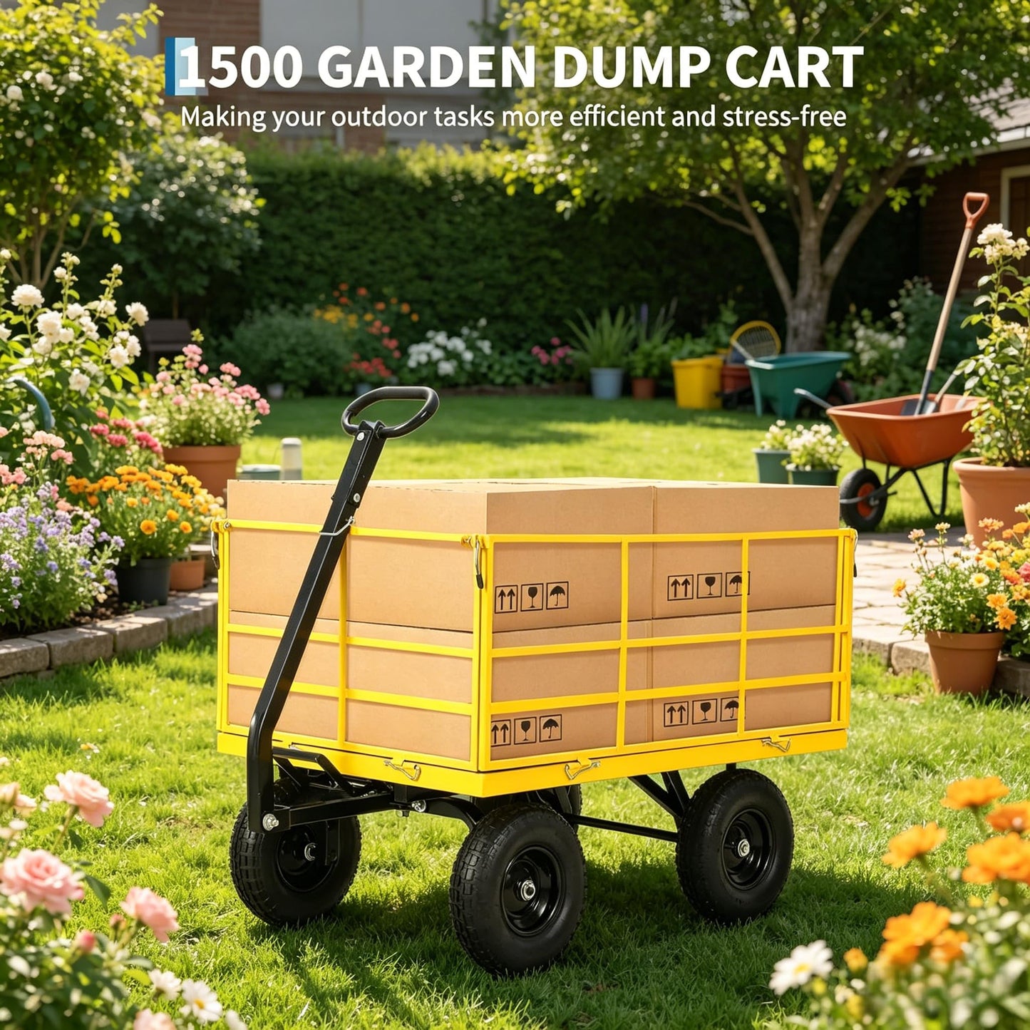 1500 lbs Steel Garden Cart, Folding Utility Wagon with Removable Sides, Garden Wagon Cart on Wheels, Dump Wagon with 13 in Tires180° and Swivel Handle, Yellow