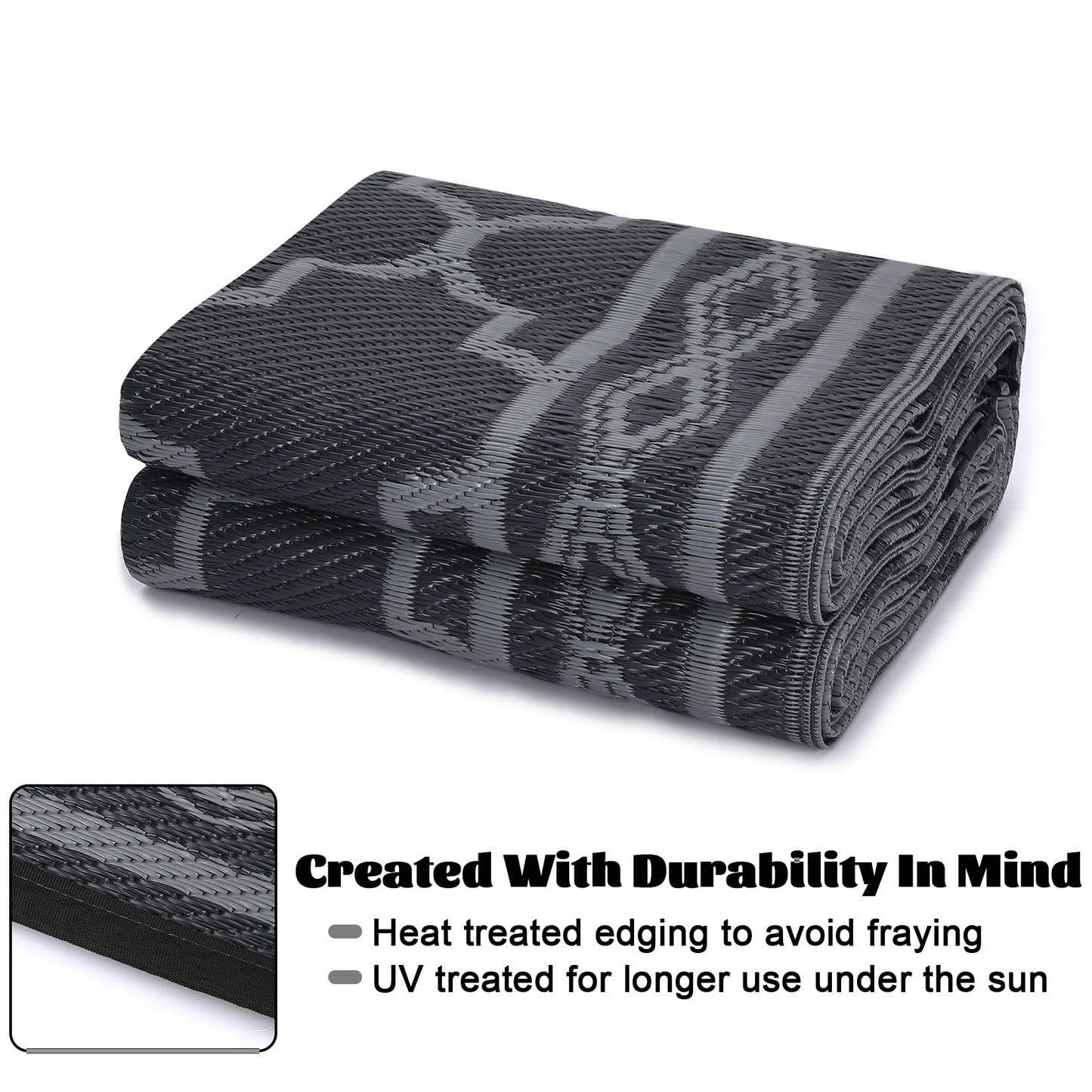 GlowSol Outdoor Rug 9x18 for Patios Waterproof Mat Outdoor Plastic Straw Rug Clearance, Reversible Carpet for Rv,Large Outside Carpet for Porch, Deck, Camper, Balcony, Backyard, Picnic,Black Grey