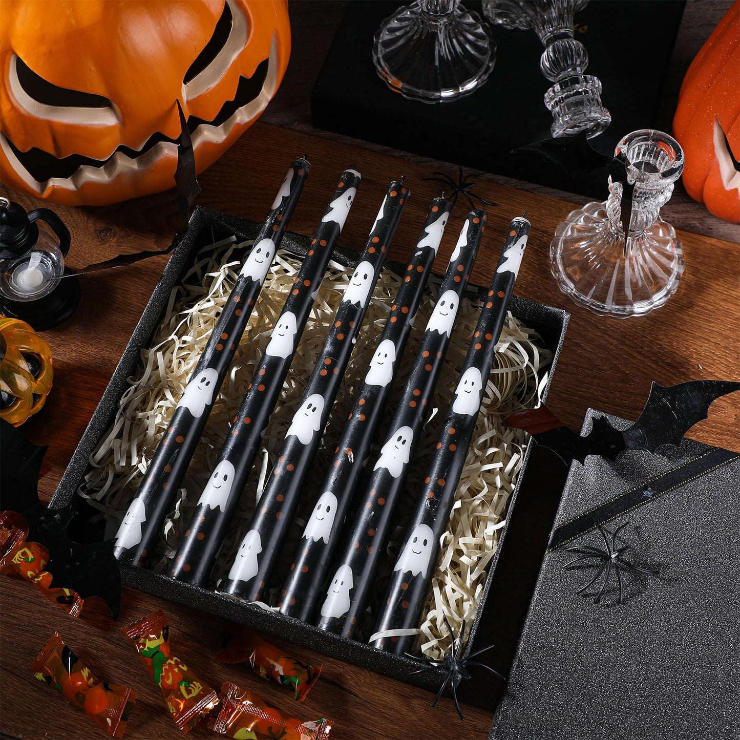 Threlaco 6 Pcs Taper Candles 9.8" Unscented Taper Candles Prints Dinner Table Home Decorations for Thanksgiving Autumn Harvest Festive Halloween Party Gift(Black Halloween Ghost)