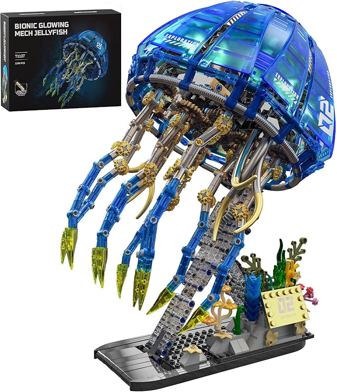 Biomimetic Mechanical Jellyfish Building Block Set – Gear-Driven Ocean Creature Model with Moving Tentacles and Display Base