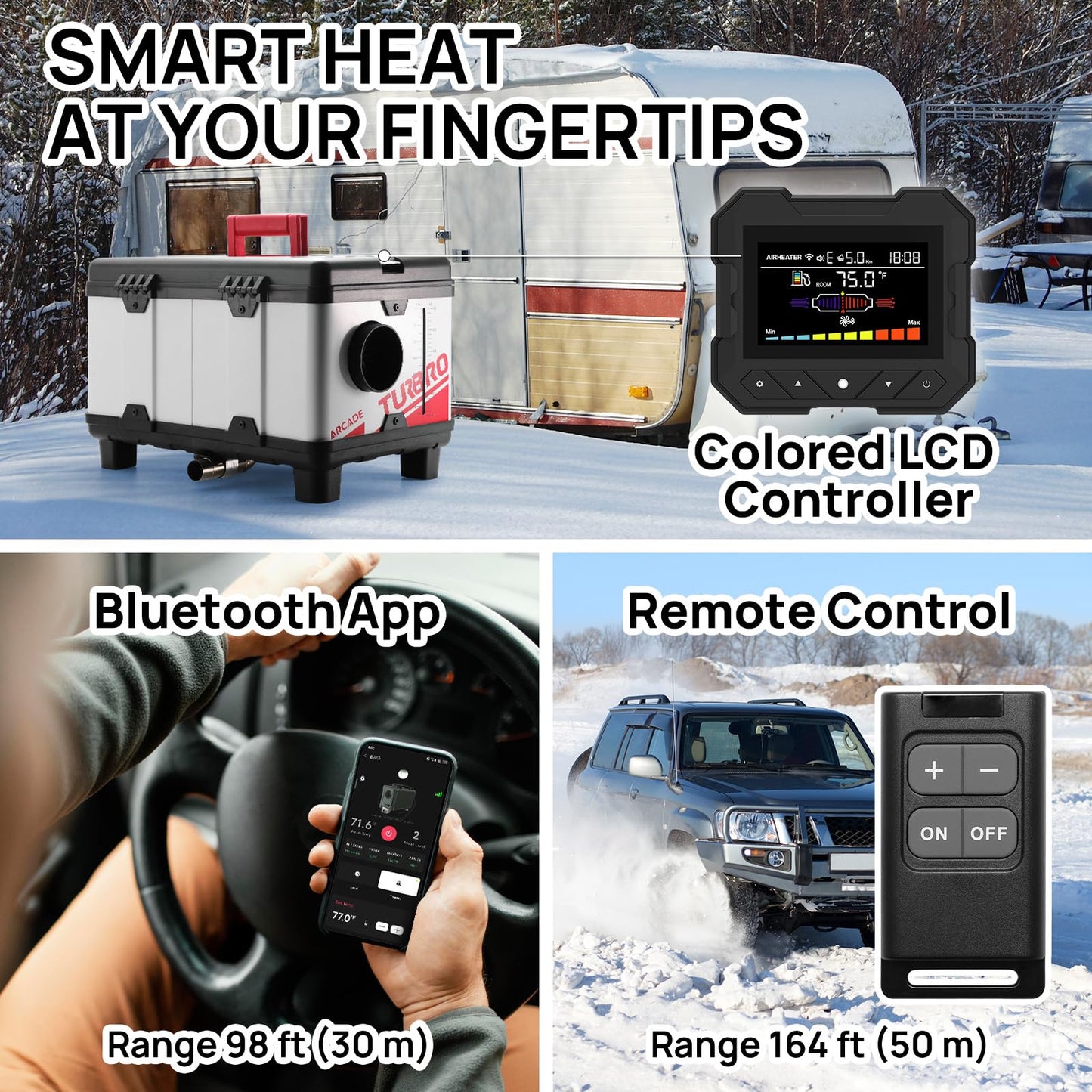 TURBRO 9kW Diesel Heater, 12V/24V/110V, Toolbox Parking Heater with Smart LCD, Remote and Bluetooth APP Control, Programmable Timer, Portable for RV, Camper, Truck, Boat, Tent, Garage, Shop, T8BP