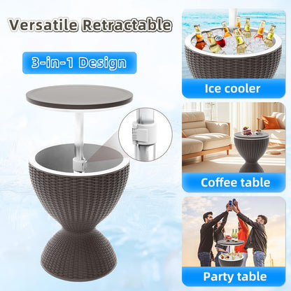 SHAREWIN Patio Cool Bar Table, Height-Adjustable Outdoor Bar Tables 8 Gallon Beer and Wine Cooler, 3-in-1 Rattan Style Ice Cooler with Drainage Plug for Pool Party (Grey)