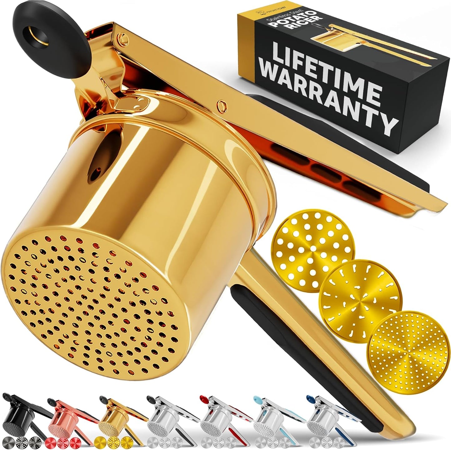 PriorityChef 15oz Heavy Duty Potato Ricer - Stainless Steel Masher with 3 Discs | Gold & Black Silicone