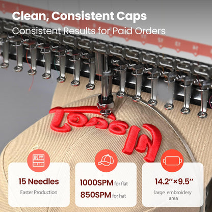 POOLIN EOV 15 Needle Professinoal Hat Embroidery Machine,270° Cap rotation,14.2"x9.5" Large Area,Multi-Needle for Small Business & Home Shop,3D Cap & Hat,Flat Embroidery Avaliable,Built for Business