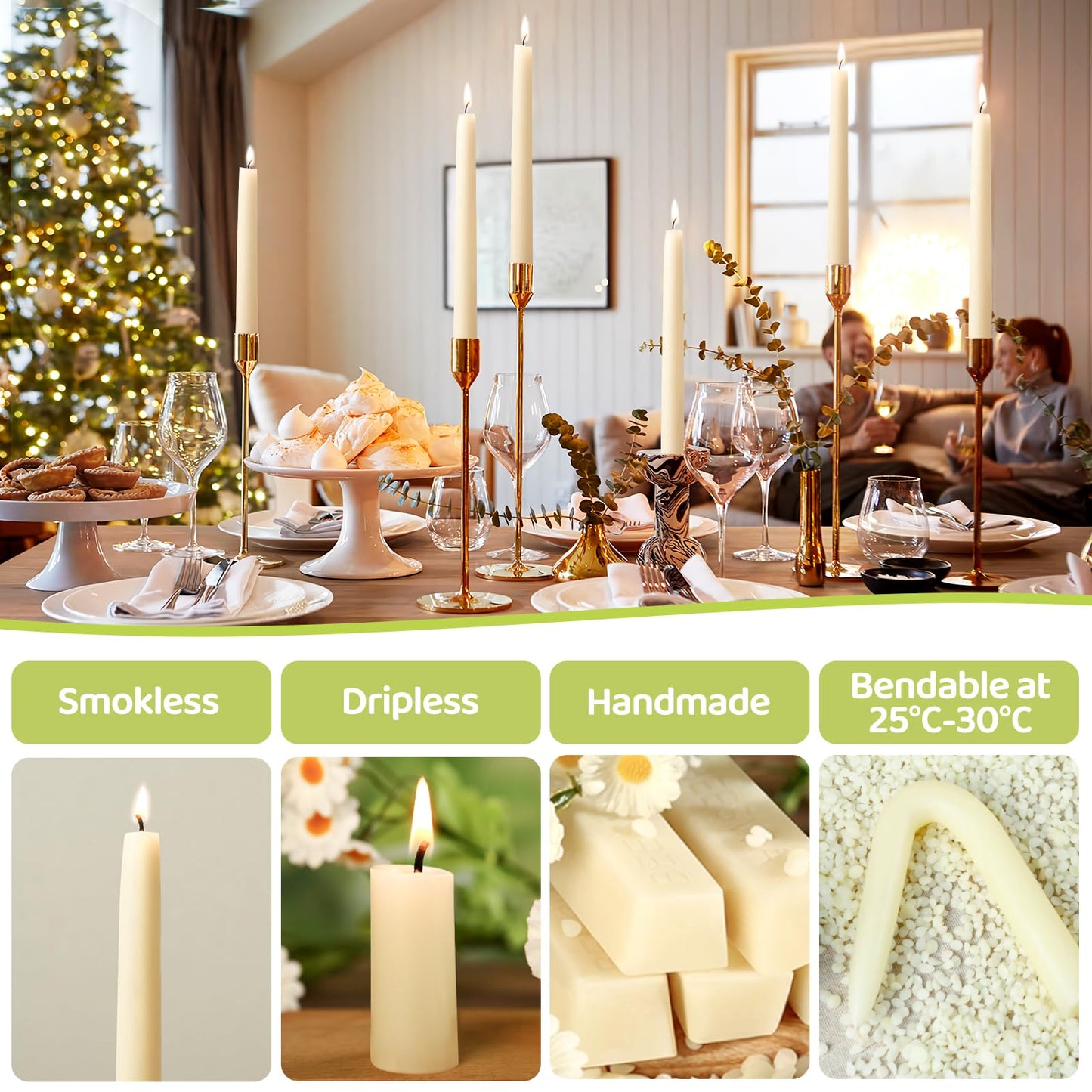 8 in Beeswax Taper Candles,8 Pack Dripless Pure White Beeswax Candle Sticks,8 Hours Long Burning Natural Bees Wax Candles for Home,Unscented Smokeless Tapered Candlesticks for Dinner