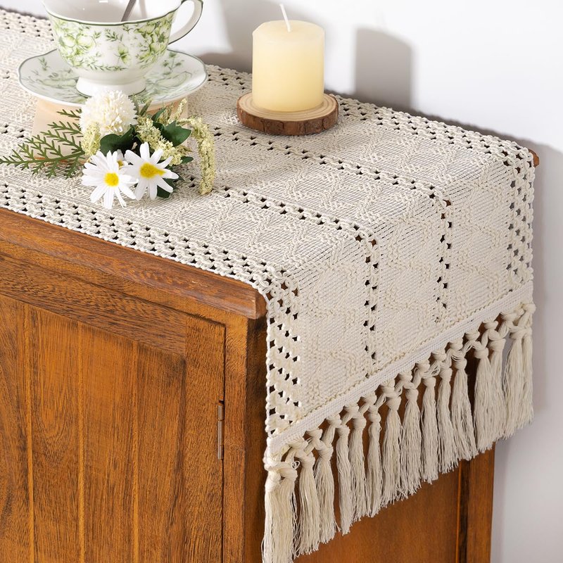 Socomi Boho Table Runner Summer Farmhouse Rustic Dining Kitchen Centerpiece Decor Small Macrame Woven Cotton Linen Coffee Table Runner for Dresser Scarf Home Decor