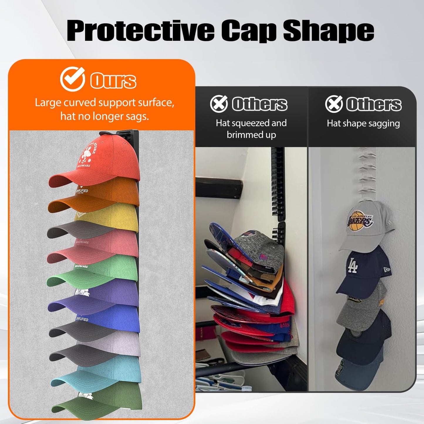 Hat Organizer for Baseball Caps Hold Up to 40 Hats, 2 Pack Hat Rack for Wall, Strong Adhesive Hat Storage Display Holder for Closet Door and Wall (Black)