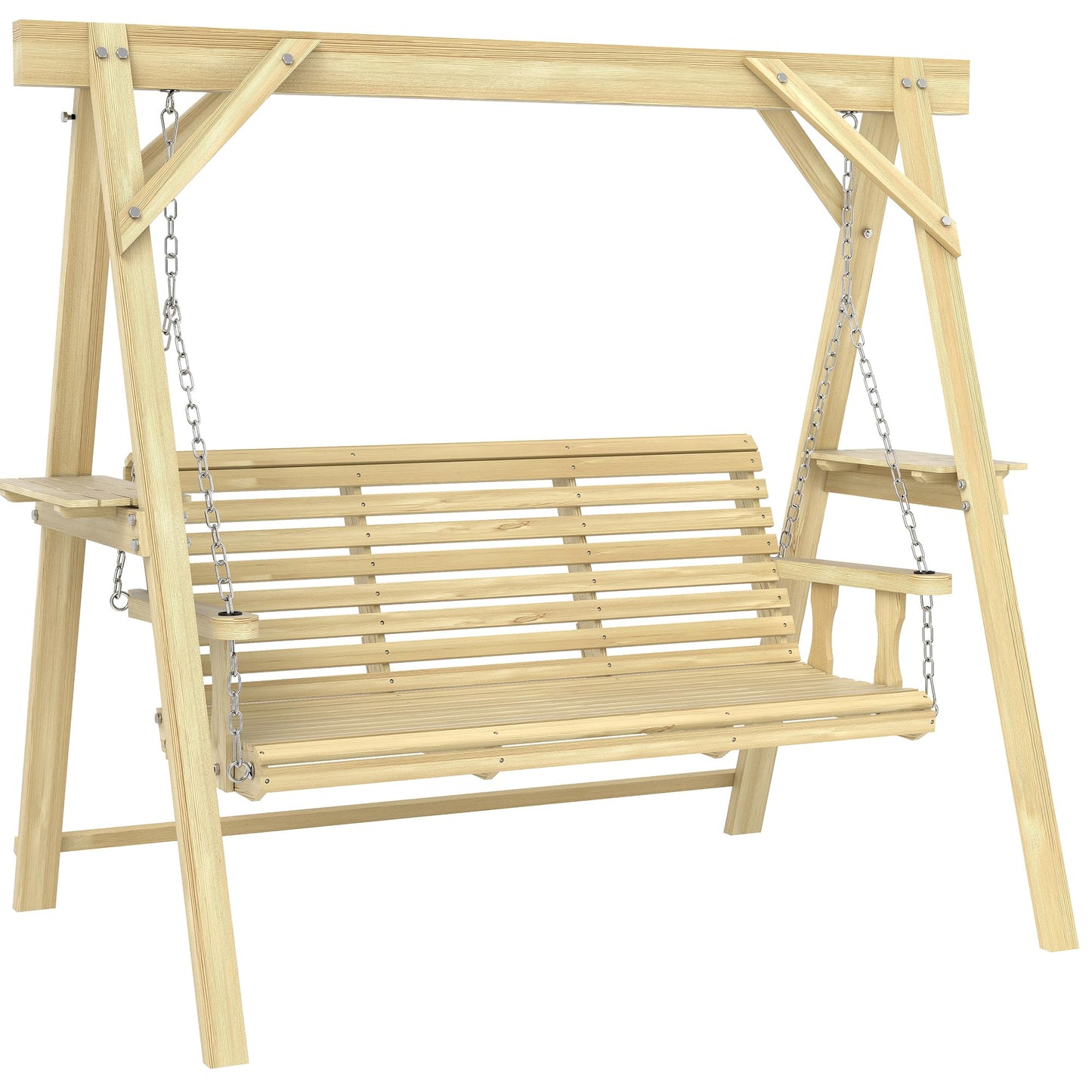 Outsunny 3 Seat Porch Swing with Stand, Wooden Patio Swing Chair with Side Tables and Metal Chains, Outdoor Swing Bench for Garden, Poolside, Backyard, Natural Wood