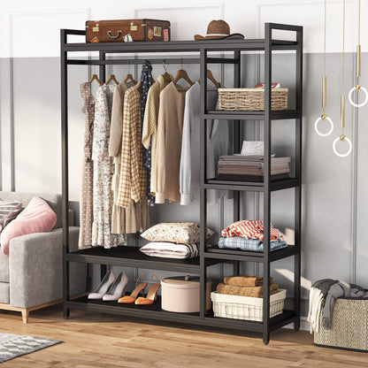 LITTLE TREE Free Standing Wood Closet Clothes Rack,Heavy Duty Grament Rack with Shelves,Hanging Racks for Clothes Clothing Rack for Bedrom,Wardrobe Closet Organizer,350 lb Capacity,Black