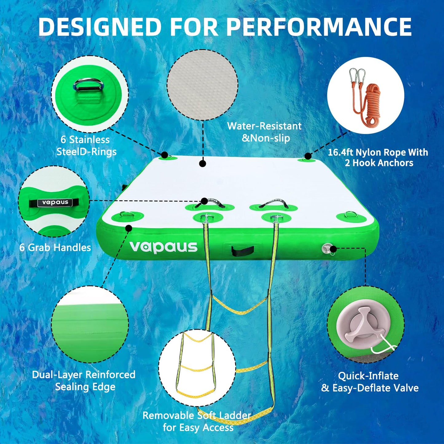 Vapaus Inflatable Floating Dock Air Dock Platform 6ft/8ft/10ft Non-Slip Inflatable Water Swim Mat Floating Island Raft for Pool Lake Beach Ocean Fishing Relaxing (Lagoon Green, 5ft x 6ft x 6")