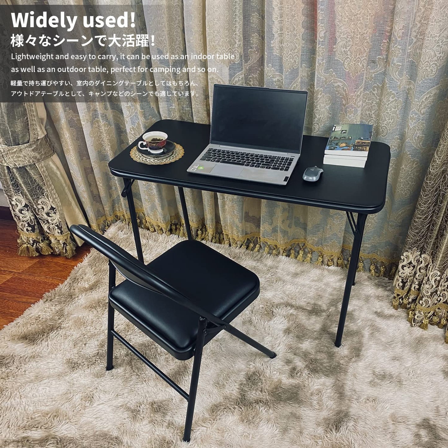 BOOSDEN Foldable Table and Chair Set, Folding Card Table and Chairs, Portable Table with Chairs for Indoor Outdoor, Tables Chair Set Space-Saver for Dining, Game, Camping, Apartment, 2 Pack, Black