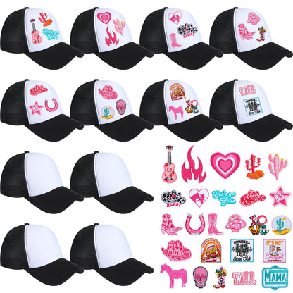 Hercicy 35PCS Western Cowgirl Trucker Hats DIY Kits, Sublimation Blank Baseball Caps Trucker Hat with Western Iron On Patches Pink Cowgirl Embroidered Patches for Bridal Shower Birthday Party