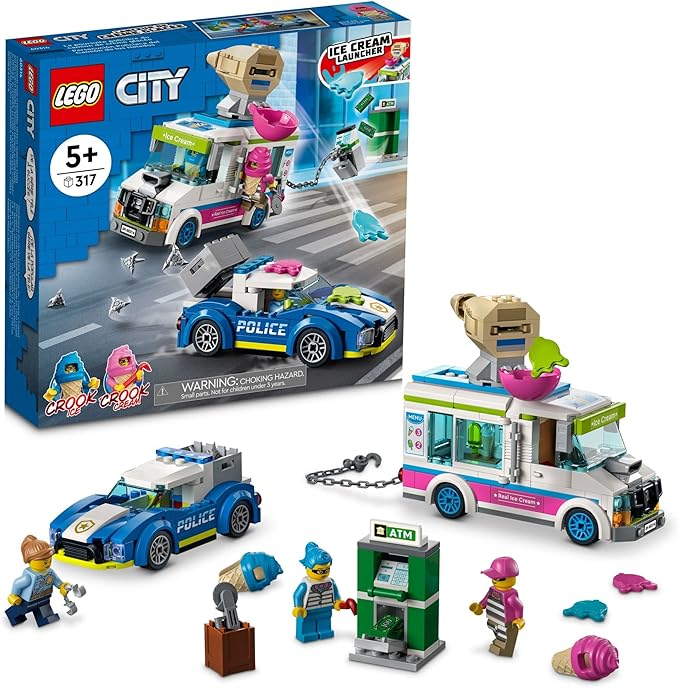LEGO City Ice Cream Truck Police Chase Van 60314 Toy for Kids Girls and Boys Age 5 Plus Years Old with Splat Launcher &amp City Police Car