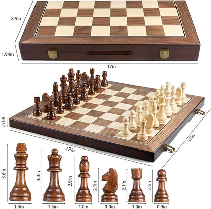 AMEROUS 17'' Magnetic Wooden Chess Set for Adults Kids - with Folding Board Gift Package Pieces Storage Slots Handmade PiecesChess Board Game Set for Tournament Professional Beginner