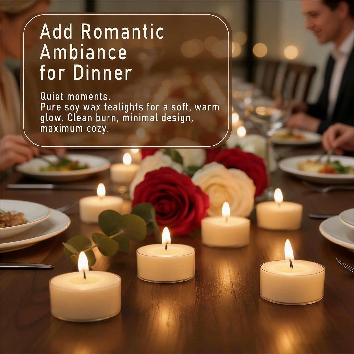 Soy Wax Tealight Candles 50Packs, 4 Hour Long Burning, Unscented White Smokeless Candles, Non-Toxic Paraffin-Free Clear Acrylic Cup Tea Lights for Weddings, Home, Emergencies & Dinner