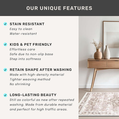 Regine Switzerland Beige Washable Runner Rug - Extra Long 2'6"x10' | Non-Slip, Stain Resistant, Boho Floral Decor