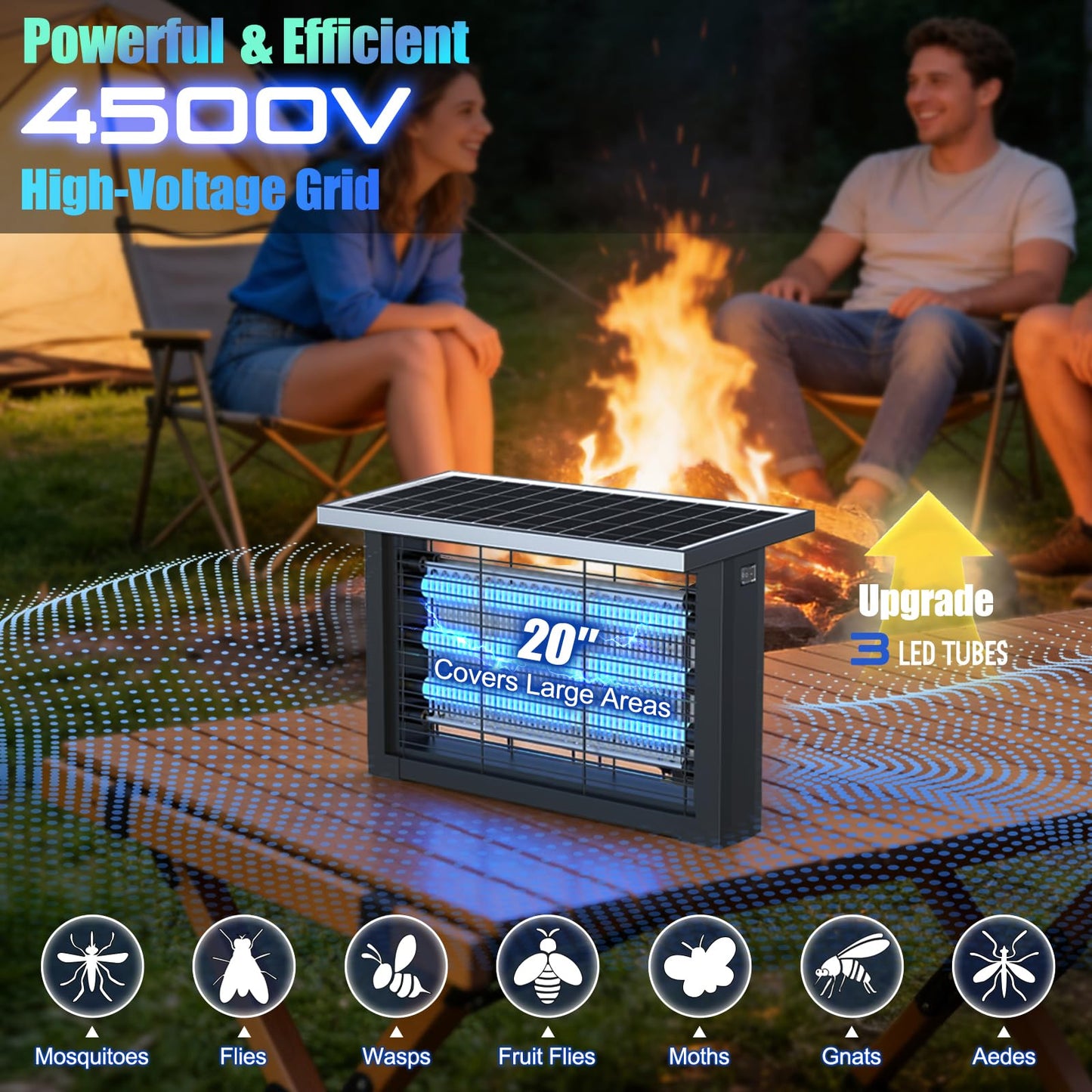 Solar Bug Zapper Outdoor, Upgrade 3-Tube 4500V Electric Mosquito Zapper, IPX6 Waterproof, Auto On/Off Rechargeable Electric Fly Insect Trap for Patio Yard Garden Camping RV (Black)