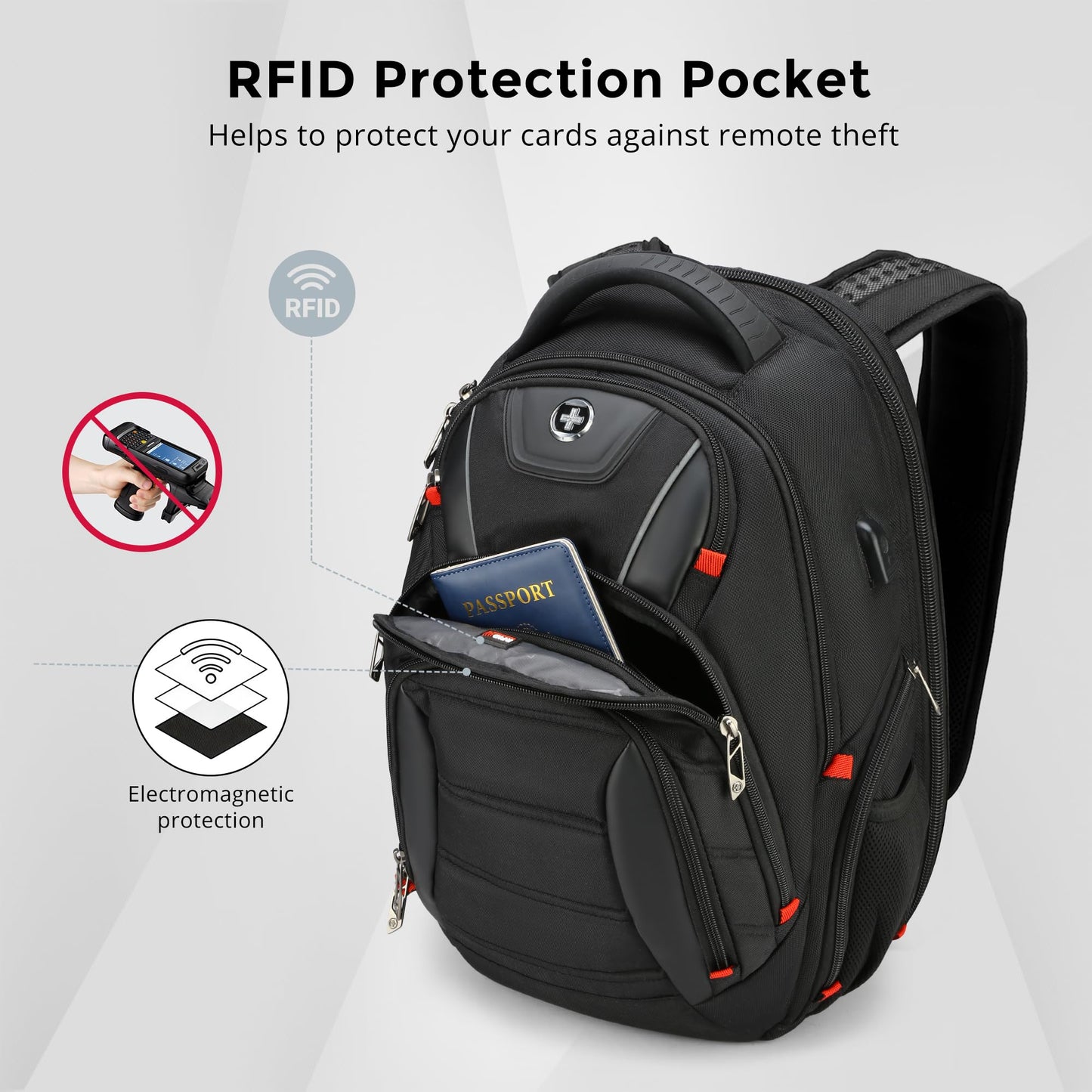 Swissdigital Design Travel Backpack for men with Apple Find My, TSA Friendly USB Charging RFID Protection Business Backpack Fits 15.6" Laptops Black | J149508F-BR
