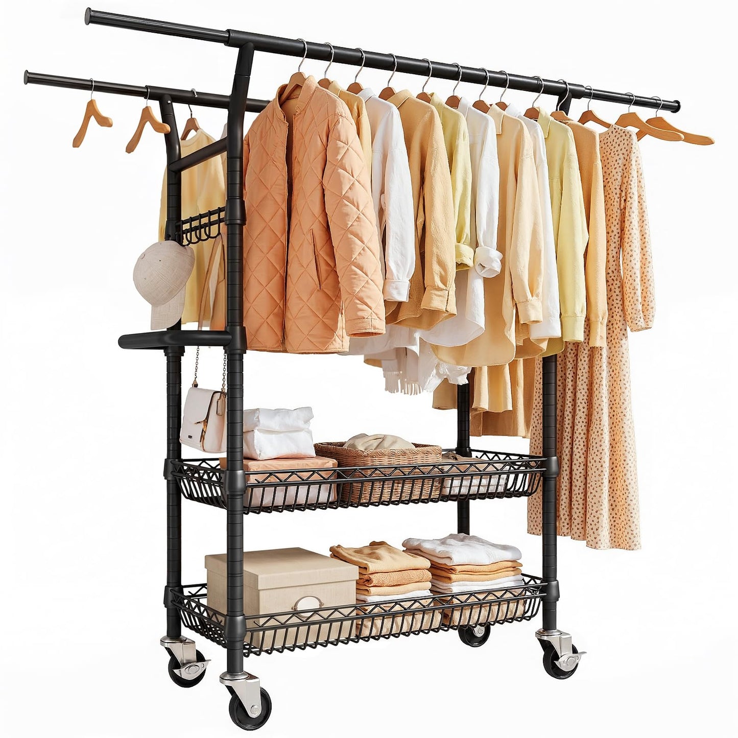 SOLEDI Heavy-Duty Clothes Rack, 1000 LBS clothing rack with wheels Load Capacity Double Rod Clothing Rack with Shelves & Lockable Wheels, Suitable for Bedroom, Entryway, Living Room & Garage (black)