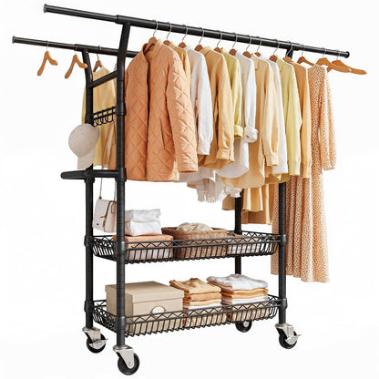 SOLEDI Heavy-Duty Clothes Rack, 1000 LBS clothing rack with wheels Load Capacity Double Rod Clothing Rack with Shelves & Lockable Wheels, Suitable for Bedroom, Entryway, Living Room & Garage (black)