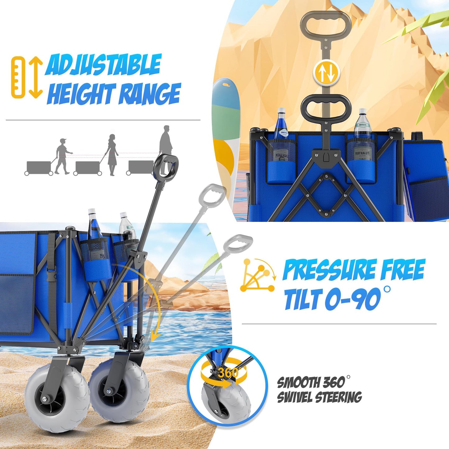 Beach Wagon with Big Wheels for Sand, 350lbs Heavy Duty Folding Wagon, Oversized 180L, 9" PVC All-Terrain Wheels, Adjustable Handle, Cooler & Storage Bags for Beach, Camping & Outdoor Sports (Blue)