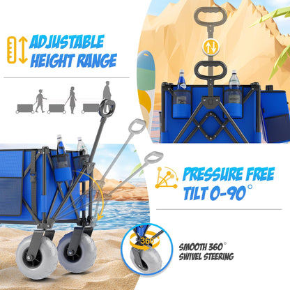 Beach Wagon with Big Wheels for Sand, 350lbs Heavy Duty Folding Wagon, Oversized 180L, 9" PVC All-Terrain Wheels, Adjustable Handle, Cooler & Storage Bags for Beach, Camping & Outdoor Sports (Blue)